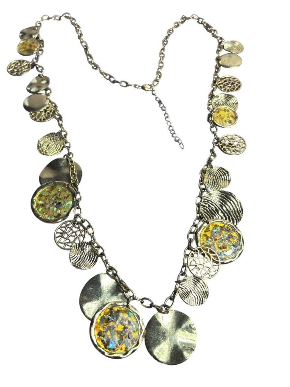 Long Goldtone Necklace Textured Disks Iridescent Confetti 32-34 inch Metal Wear